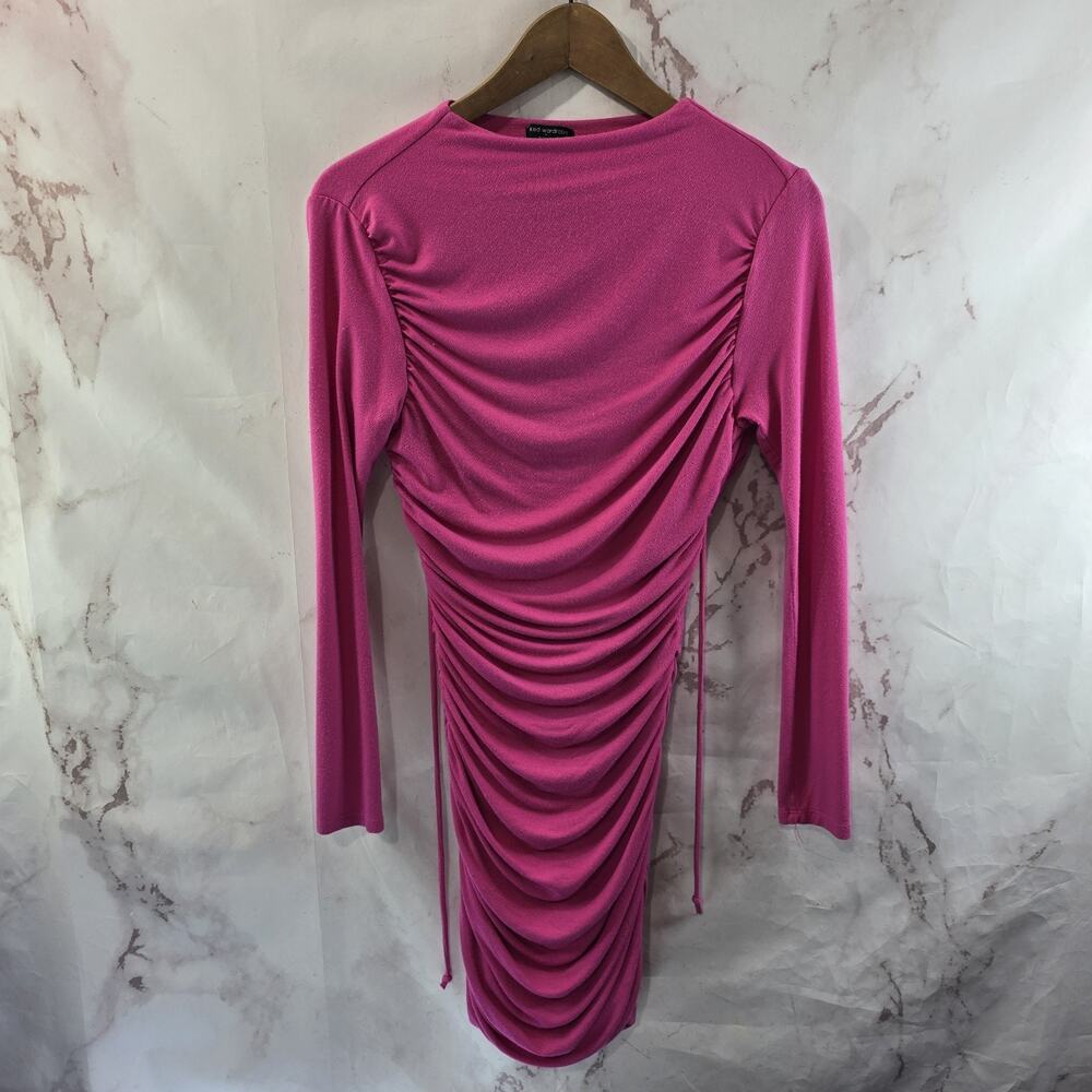Naked Wardrobe Dress Womens Medium Hot Pink Ruched Mini Long Sleeve Cut Out